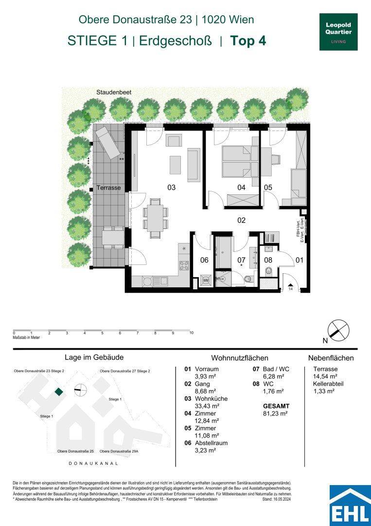 Grundriss einer Erdgeschosswohnung mit Terrasse und Gartenanteil.