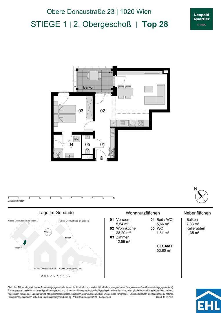 Grundriss einer Wohnung im 2. Obergeschoss mit offenem Wohnbereich, Schlafzimmer und Balkon.