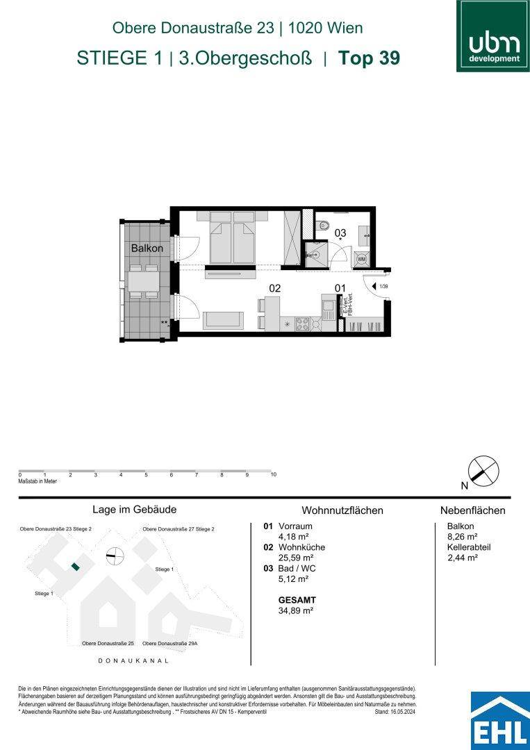 Detaillierter Grundriss einer kompakten Wohnung mit offenem Wohnbereich, Schlafzimmer und Balkon.
