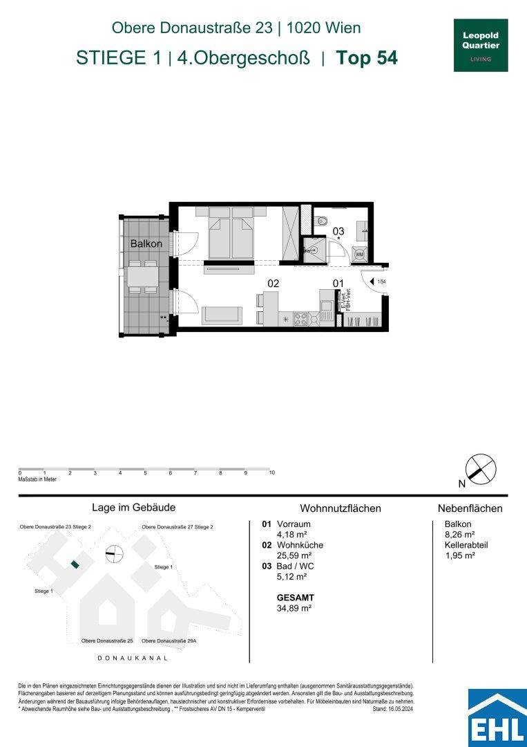 Grundriss einer Wohnung im 4. Obergeschoss mit offener Wohnküche, Schlafzimmer und Balkon.
