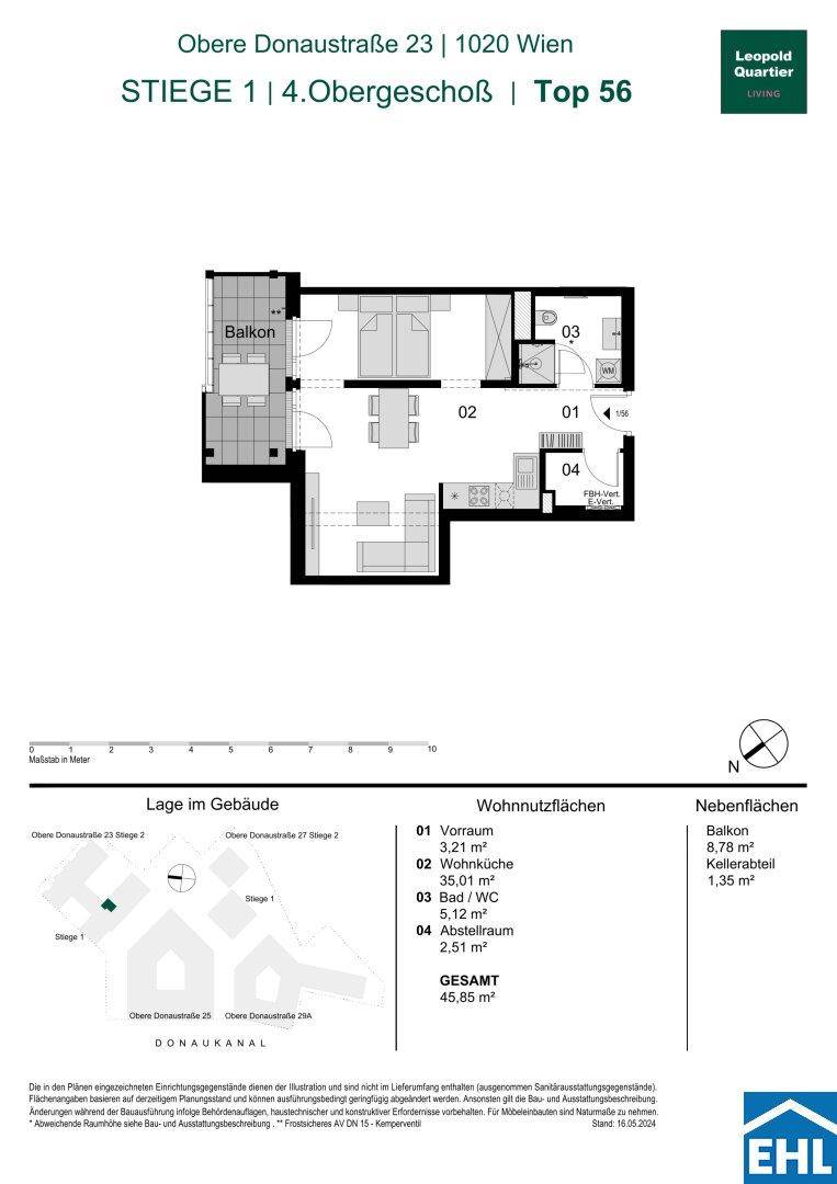 Grundriss einer Wohnung mit Balkon, Schlafzimmer und offenem Wohn-Kochbereich.