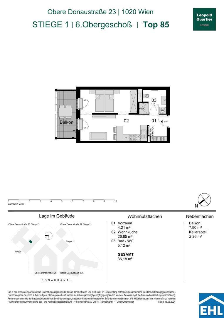 Detaillierter Grundriss einer Wohnung mit offenem Wohnbereich, Bad, WC und Balkon.