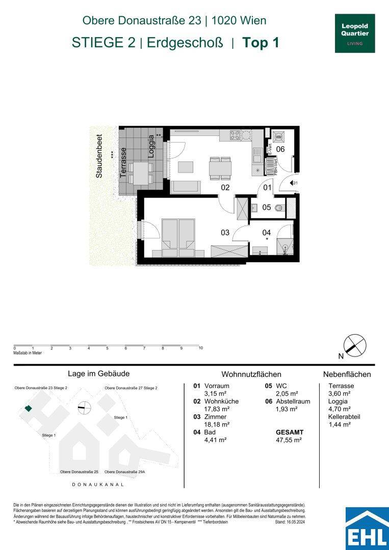 Detaillierter Grundriss einer Erdgeschosswohnung mit offener Wohnküche, Schlafzimmer, Bad, separatem WC, Terrasse und Loggia.