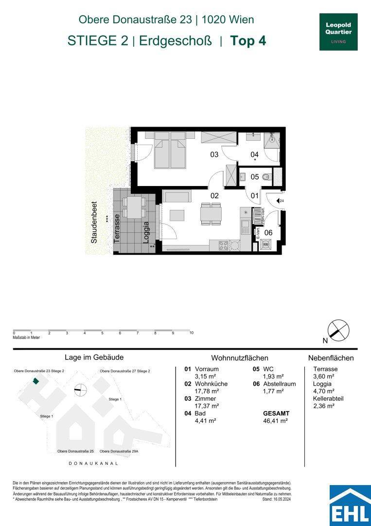 Grundriss einer Erdgeschosswohnung mit offener Wohnküche, Schlafzimmer, Bad und separatem WC. Die Wohnung verfügt über eine Terrasse und eine Loggia mit Garten.