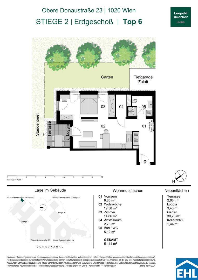 Grundriss einer Erdgeschosswohnung mit offenem Wohn-Essbereich, Schlafzimmer, Bad, Abstellraum, Terrasse, Loggia und eigenem Garten.