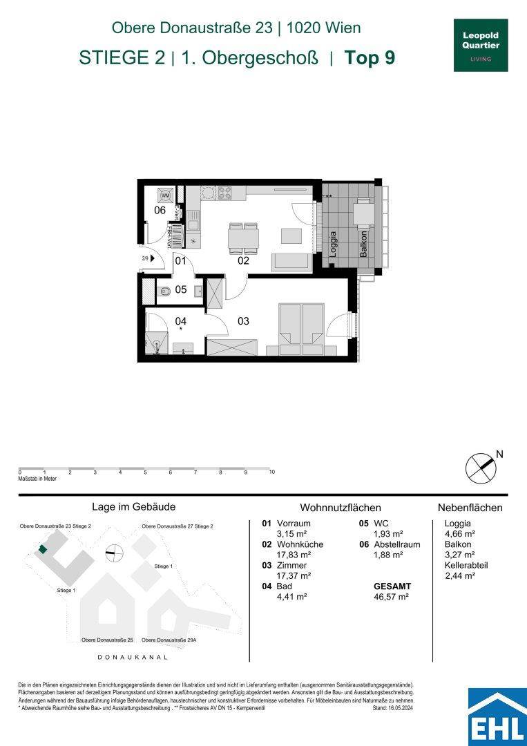 Grundriss einer Wohnung im ersten Obergeschoss mit offener Wohnküche, Loggia und Balkon.