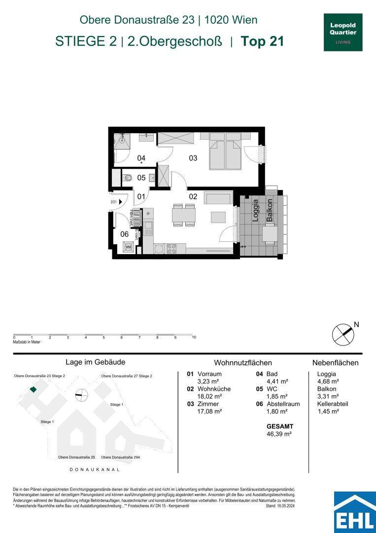 Übersichtlicher Grundriss einer modernen Wohnung mit offener Wohnküche, Schlafzimmer, Bad, WC, Abstellraum, Loggia und Balkon.