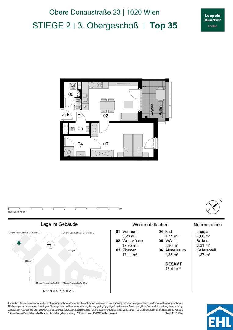 Grundriss einer modernen Wohnung mit offenem Wohnbereich, Schlafzimmer, Bad, separatem WC, Abstellraum, Loggia und Balkon.