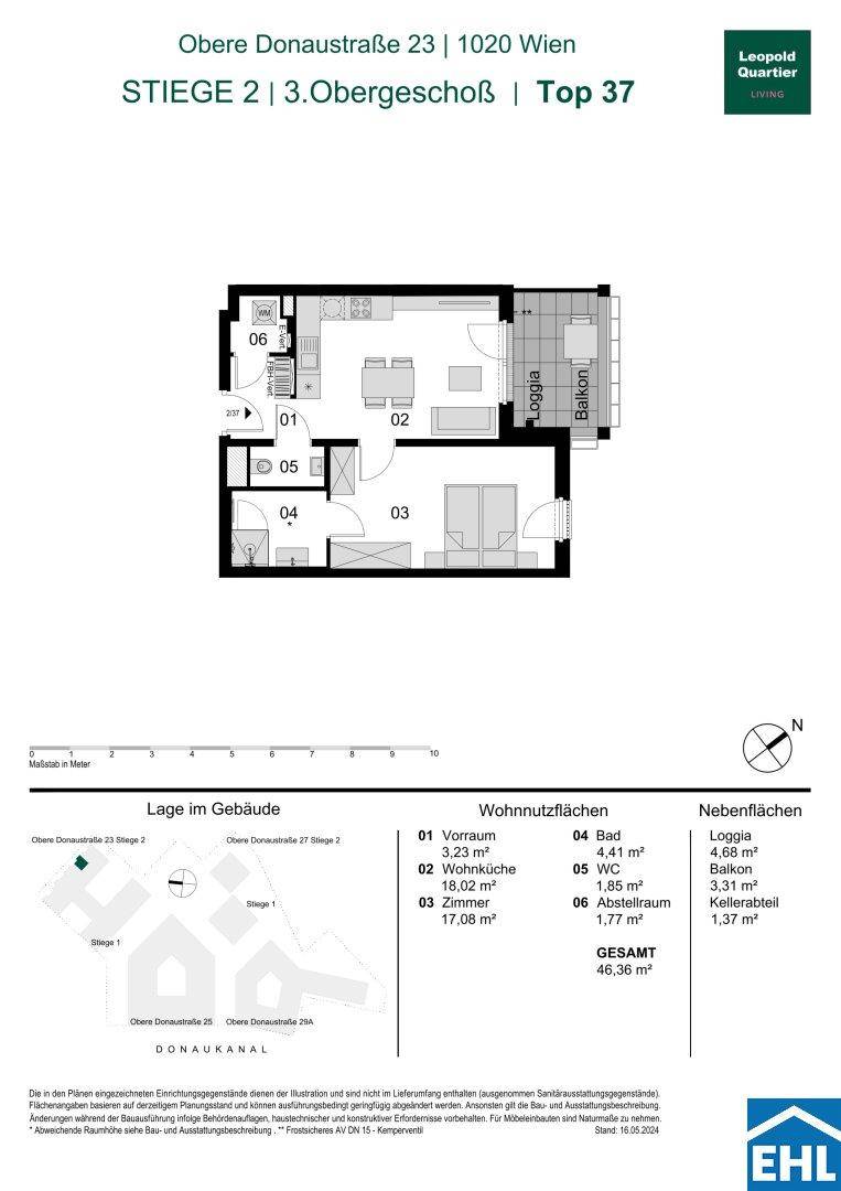 Grundriss der Wohnung Top 37 im 3. Obergeschoss mit offener Wohnküche, Schlafzimmer, Bad, WC, Loggia und Balkon.