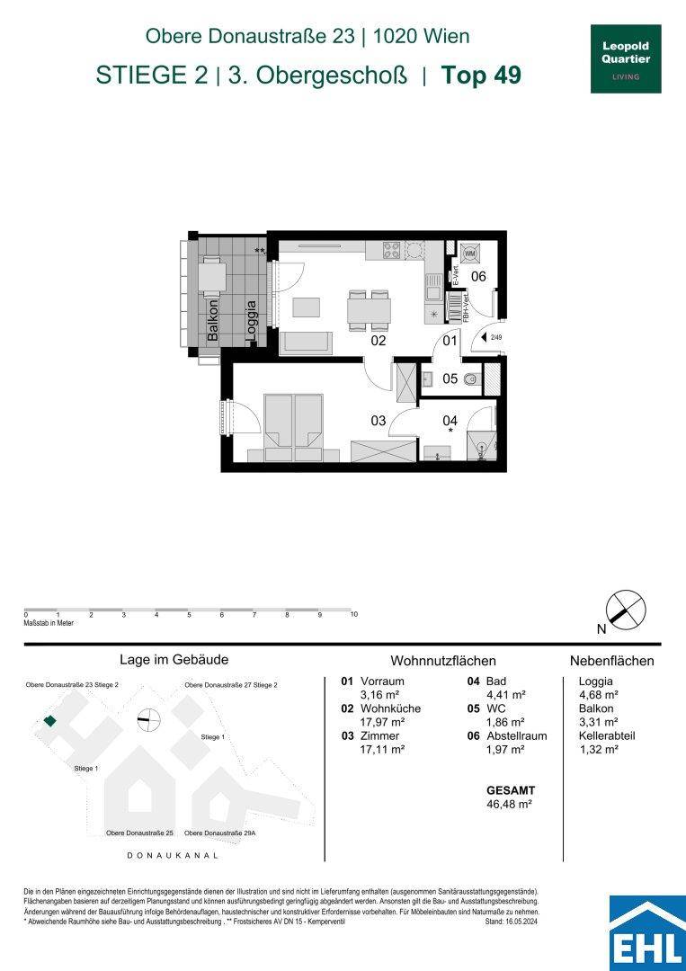 Detaillierter Grundriss einer Wohnung mit offenem Wohnküchenbereich, Schlafzimmer, Bad, separatem WC, Balkon und Loggia.