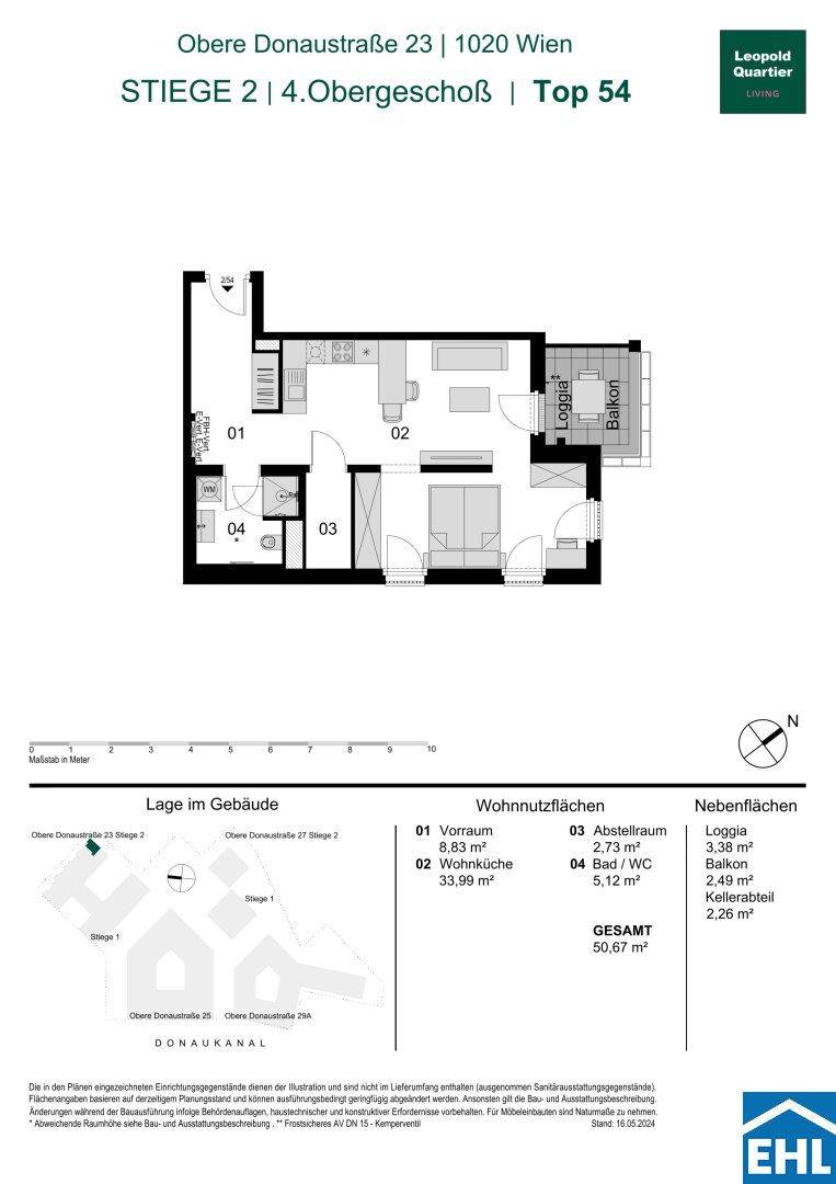 Detaillierter Grundriss einer Wohnung im 4. Obergeschoss mit offener Wohnküche, Schlafzimmer, Bad, Loggia und Balkon.