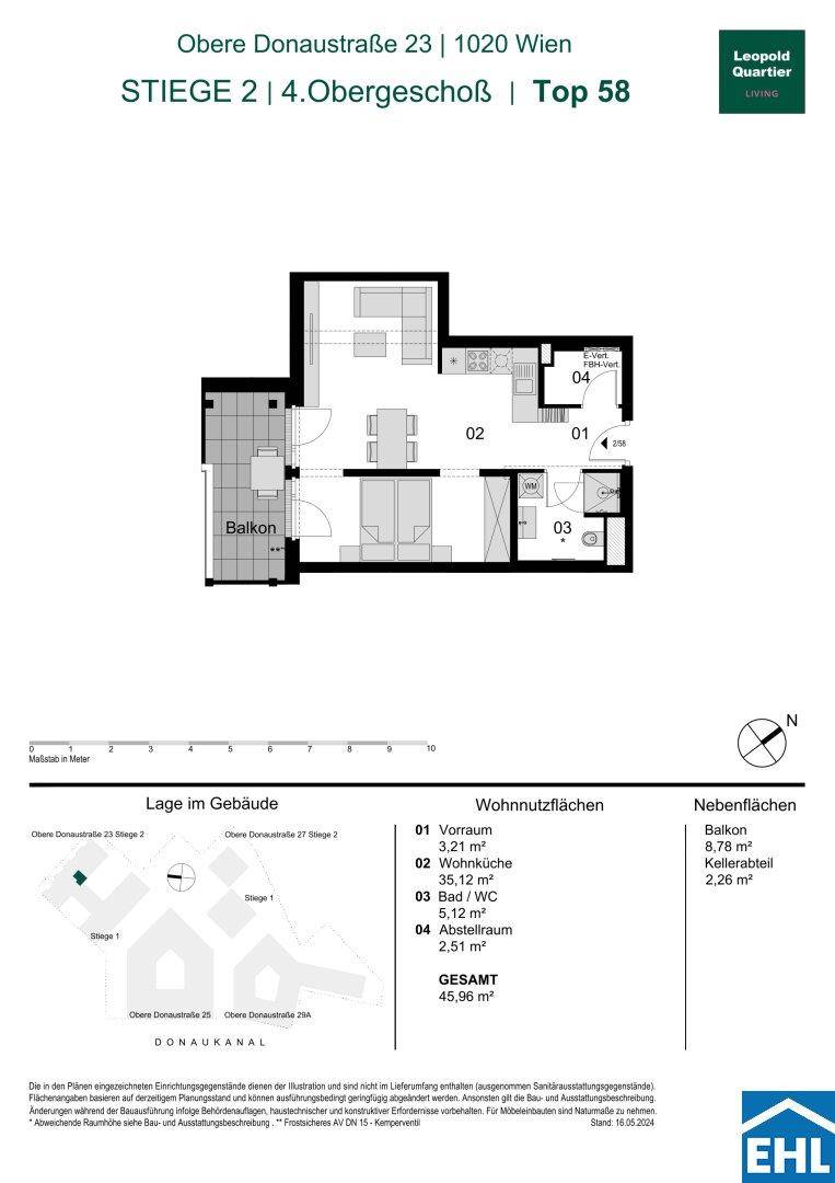 Grundriss einer Wohnung im 4. Obergeschoss mit offenem Wohnbereich, Balkon und separatem Abstellraum.
