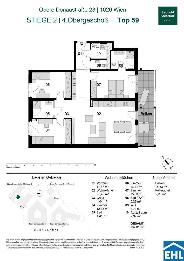 Detaillierter Grundriss der Wohnung Top 59 im 4. Obergeschoss mit offenem Wohnbereich und Balkon.