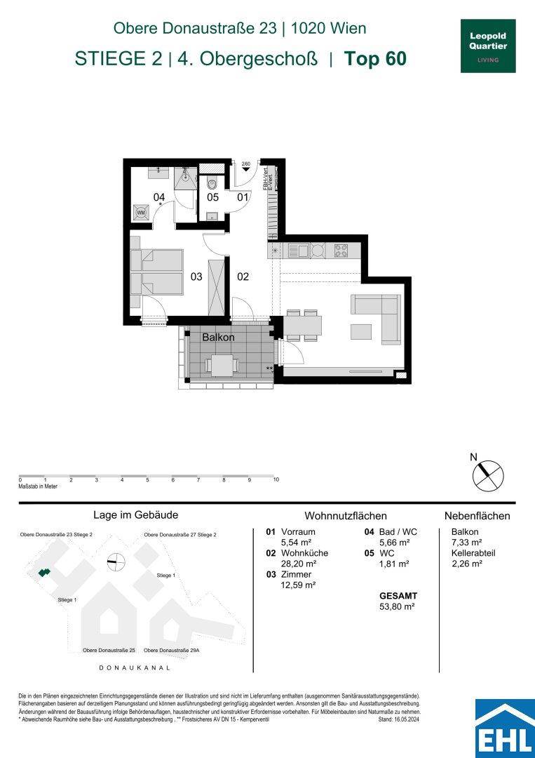 Grundriss zeigt eine Wohnung mit offener Wohnküche, Schlafzimmer, Bad, separatem WC und Balkon.