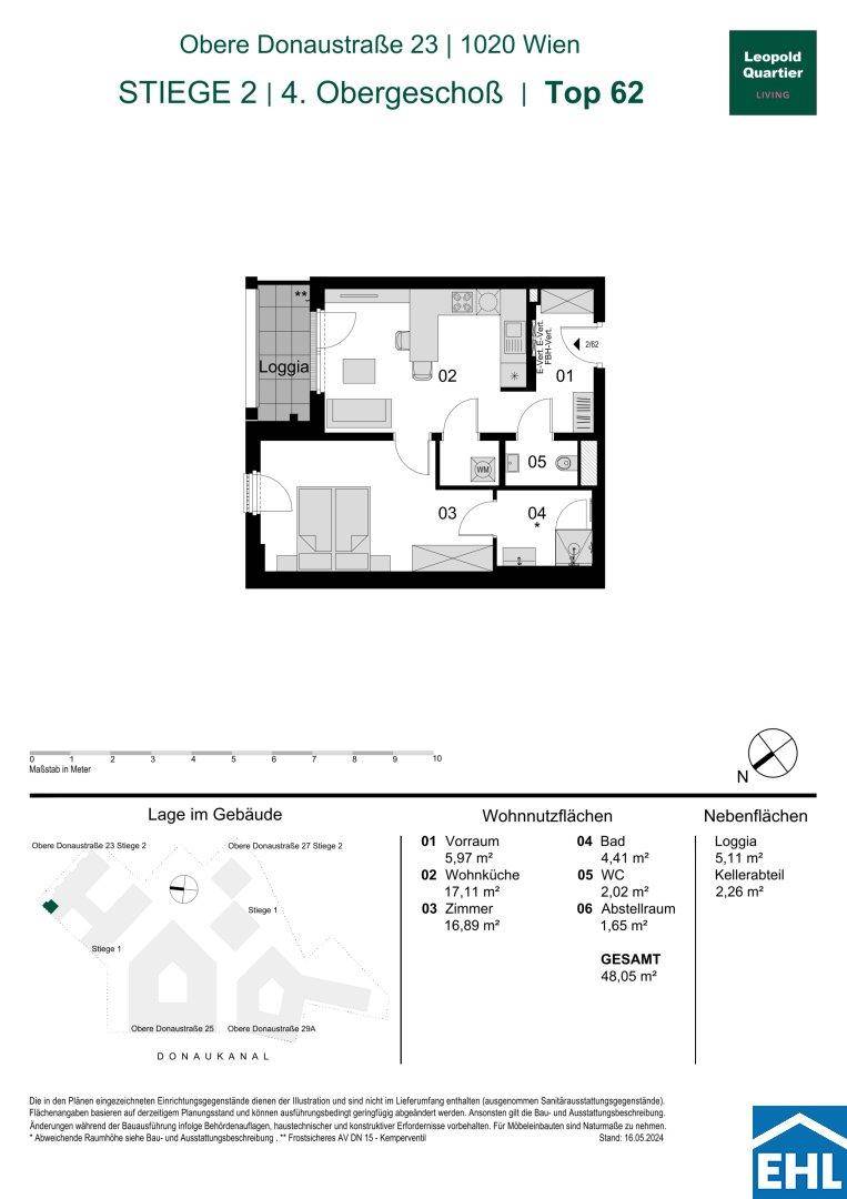 Grundriss einer modernen Wohnung im 4. Obergeschoss mit Loggia, offenem Wohnbereich und separatem WC.