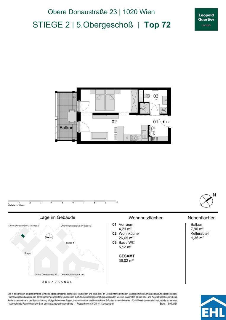 Grundriss einer Wohnung im 5. Obergeschoss mit offenem Wohnbereich, Schlafzimmer und Balkon.