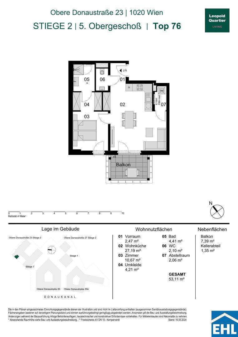 Grundriss einer Wohnung mit offenem Wohn- und Küchenbereich, einem Schlafzimmer, Bad, separatem WC und Balkon.
