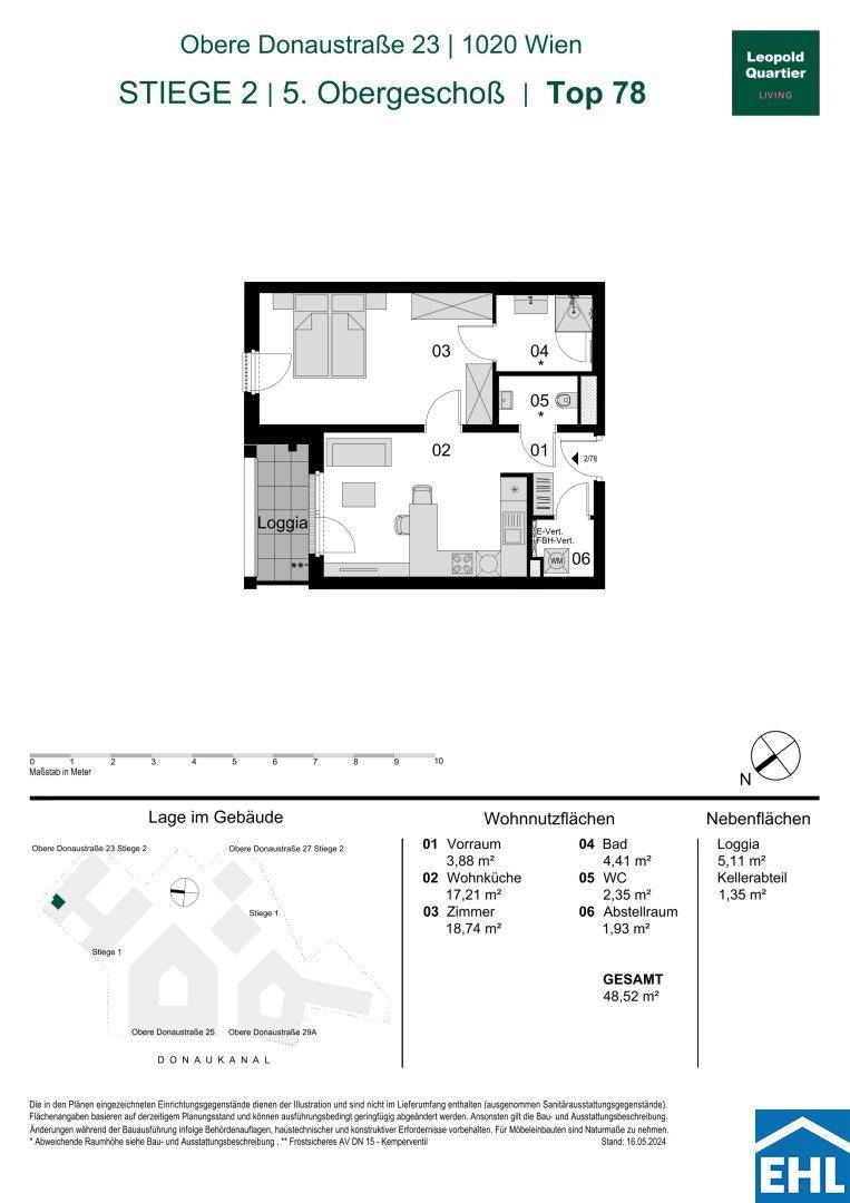 Grundriss einer Wohnung mit offener Wohnküche, Schlafzimmer, Bad, separatem WC und Loggia.