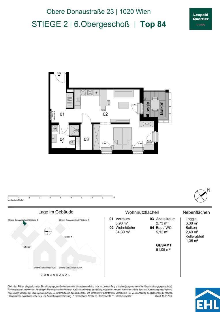 Grundriss einer Wohnung im 6. Obergeschoss mit offenem Wohnbereich, Schlafzimmer, Bad, Abstellraum, Loggia und Balkon.