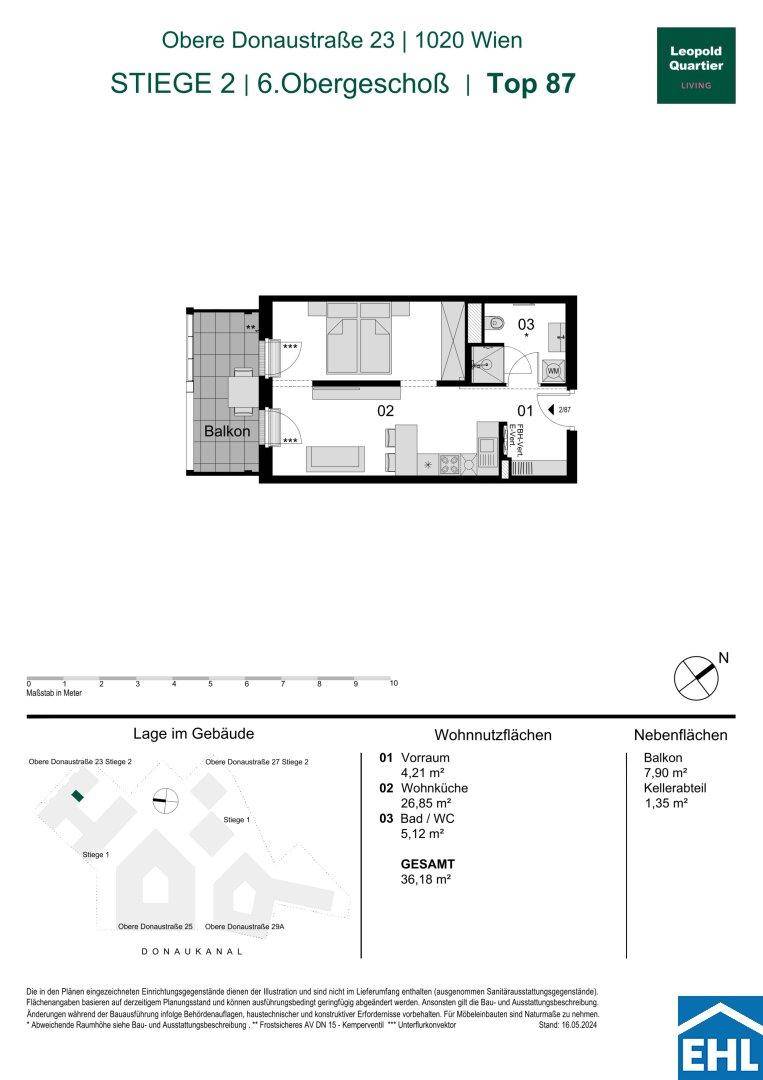 Grundriss einer Wohnung im 6. Obergeschoss mit Balkon, offenem Wohnbereich und Abstellraum.