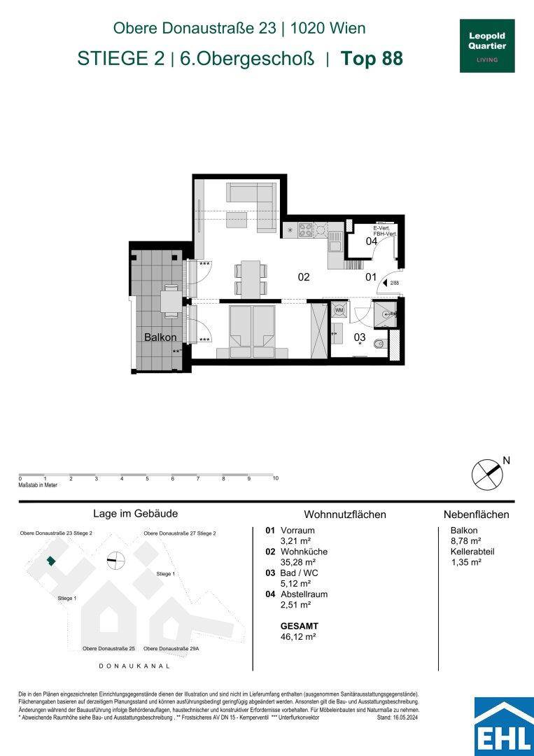 Detaillierter Grundriss einer modernen Wohnung im 6. Obergeschoss mit offenem Wohn-Essbereich und Balkon.