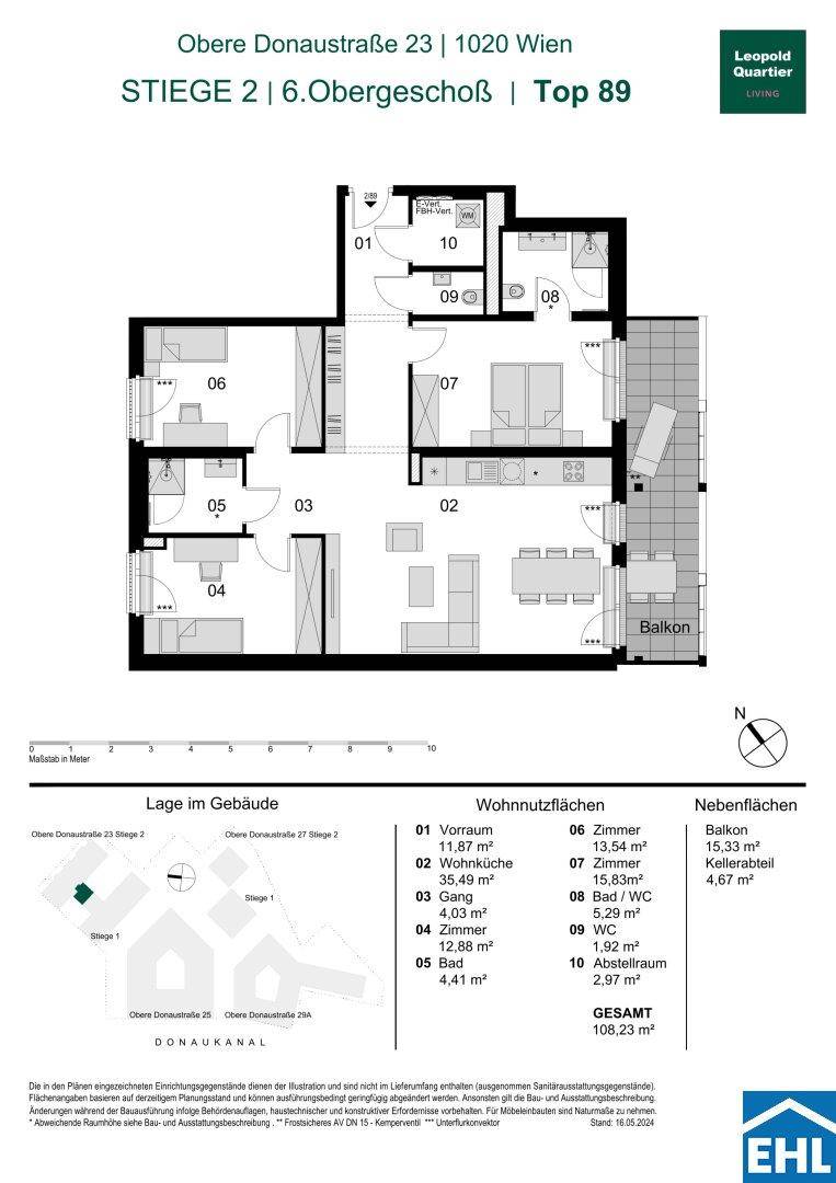 Detaillierter Grundriss einer Wohnung im 6. Obergeschoss mit offenem Wohnbereich, drei Zimmern und einem Balkon.