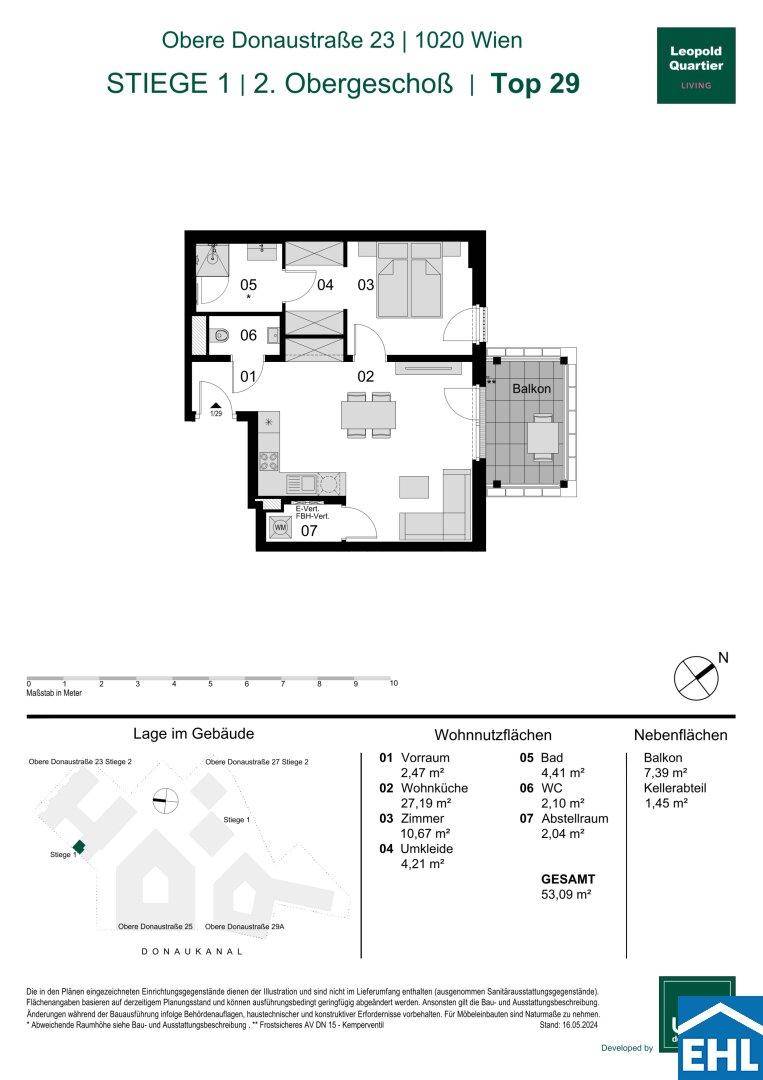 Grundriss einer 2-Zimmer-Wohnung im 2. Obergeschoss mit offenem Wohnbereich, Balkon und separatem WC.