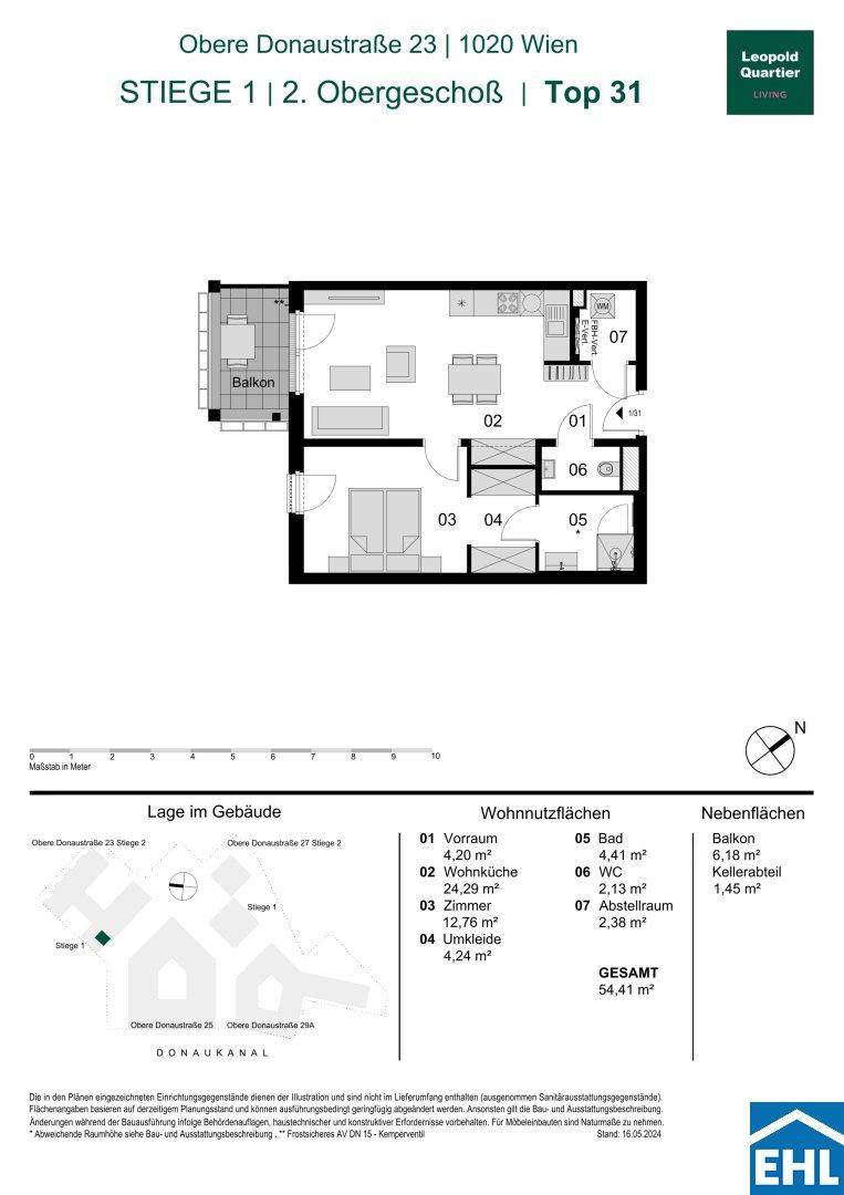 Detaillierter Grundriss einer Wohnung mit offenem Wohnbereich, einem Schlafzimmer, Bad, WC und Balkon.