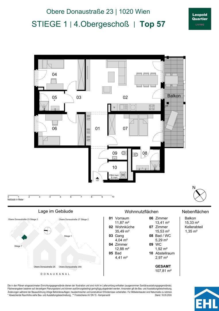Detaillierter Grundrissplan einer modernen Wohnung im 4. Obergeschoss mit großem Balkon und separatem Abstellraum.