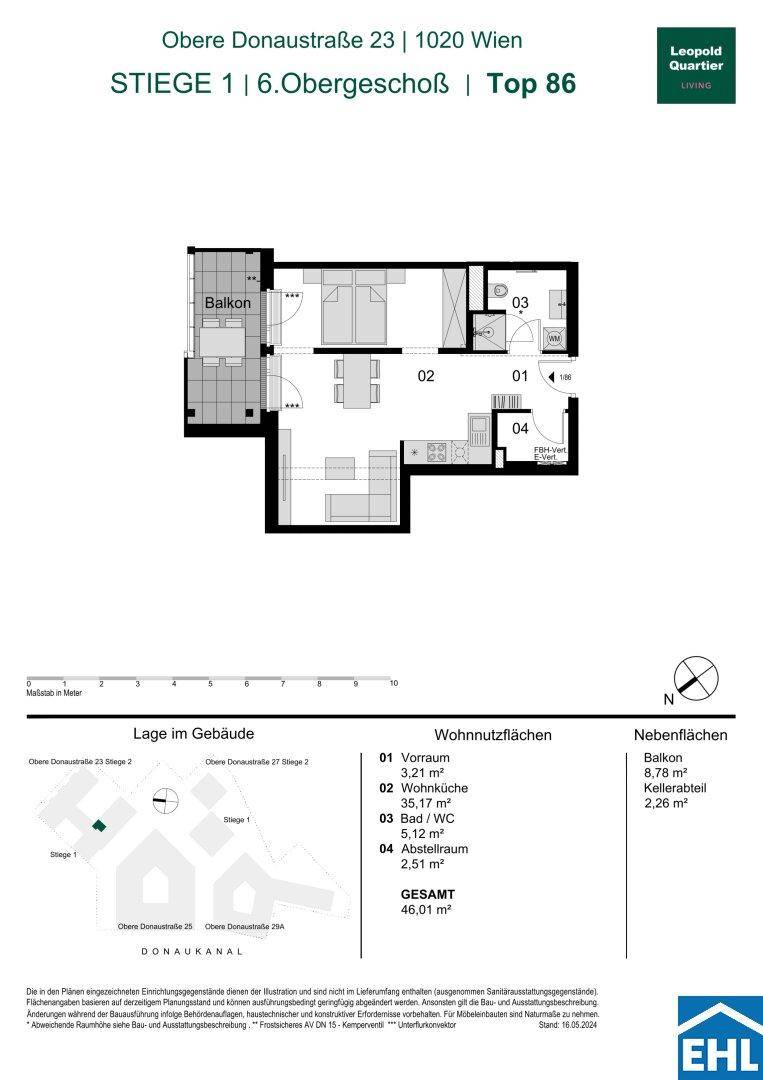 Detaillierter Grundriss einer Wohnung im 6. Obergeschoss mit offenem Wohnbereich, Schlafzimmer und Balkon.