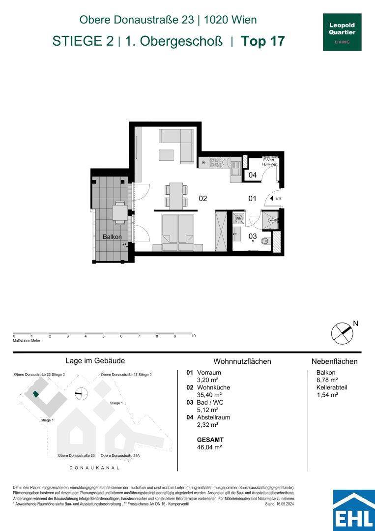 Grundrissplan einer Wohnung im ersten Obergeschoss mit offenem Wohnbereich, Balkon und separatem Abstellraum.