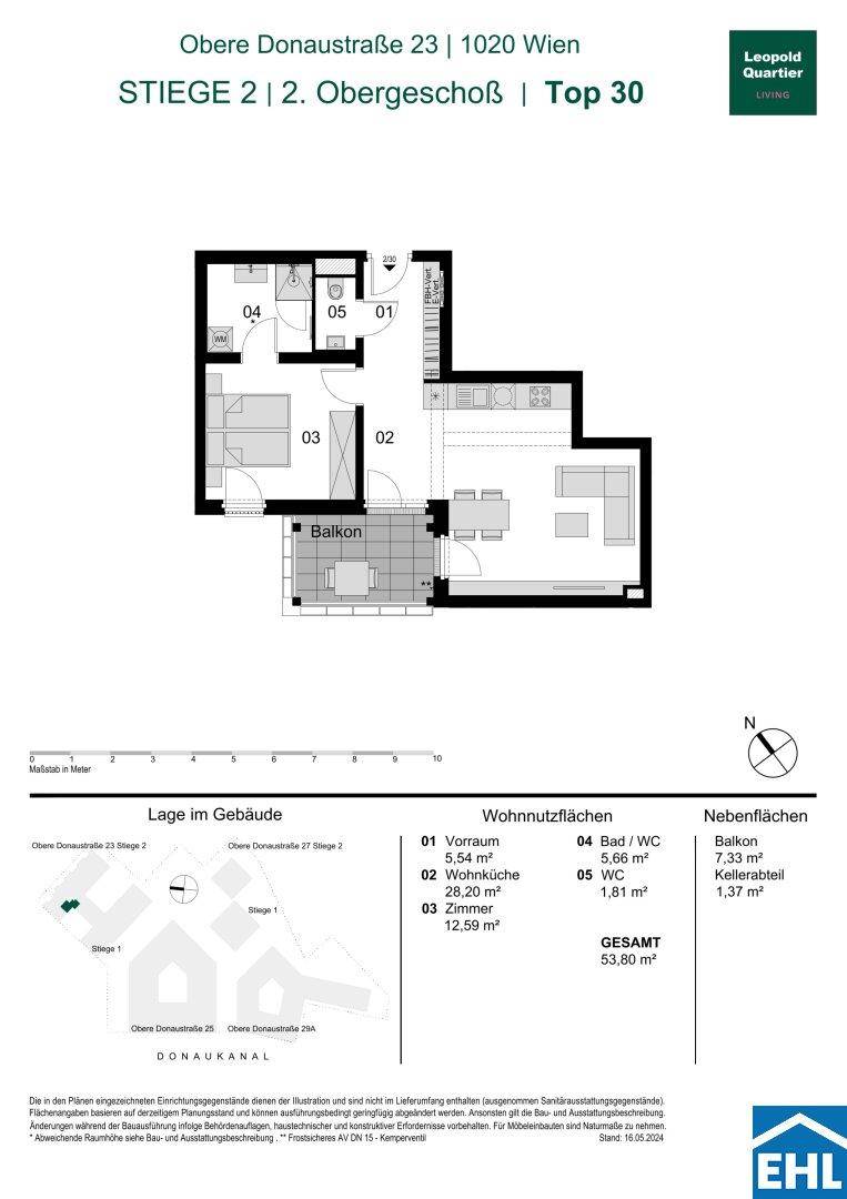 Detaillierter Grundriss einer modernen Wohnung im 2. Obergeschoss mit offenem Wohnbereich, Balkon und zwei Bädern.