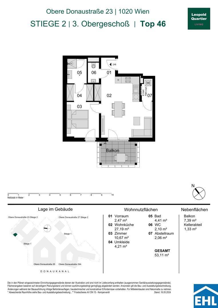 Grundriss einer Wohnung mit offenem Wohn-Essbereich, einem Schlafzimmer, separatem WC und einem Balkon.