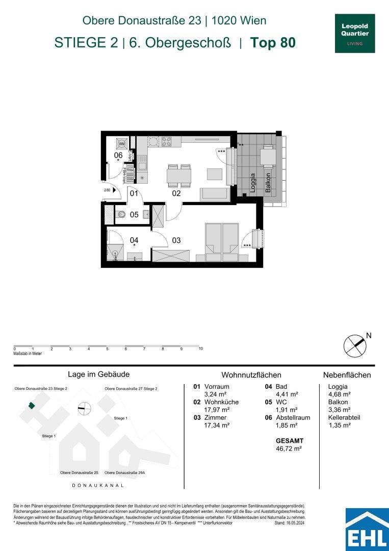 Detaillierter Grundriss einer modernen Wohnung mit offener Wohnküche, Schlafzimmer, Bad, separatem WC und zwei Außenbereichen.
