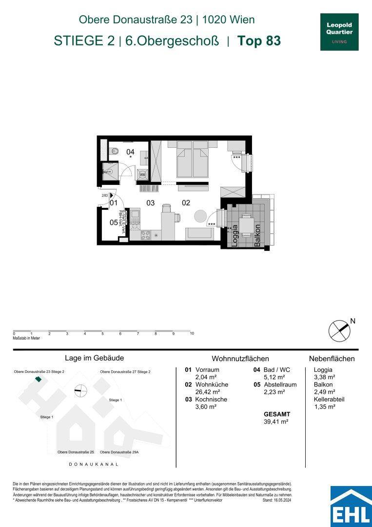 Grundriss einer Wohnung im 6. Obergeschoss mit offener Wohnküche, Schlafzimmer, Bad, Abstellraum, Loggia und Balkon.