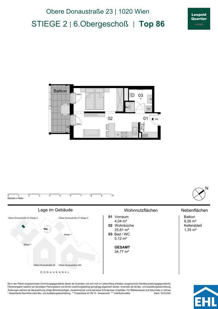 Grundriss der Wohnung Top 86 im 6. Obergeschoss mit Balkon, Wohnküche, Schlafzimmer und Bad.