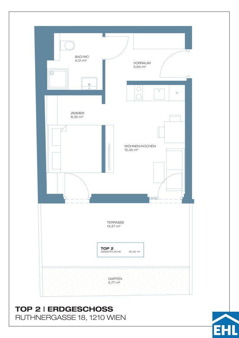 Grundriss einer Erdgeschosswohnung mit offenem Wohn-/Kochbereich, Terrasse und Garten.