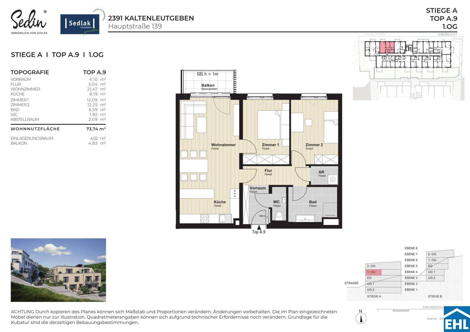Grundriss der Wohnung A.9 im ersten Obergeschoss mit Balkon und zwei Zimmern.
