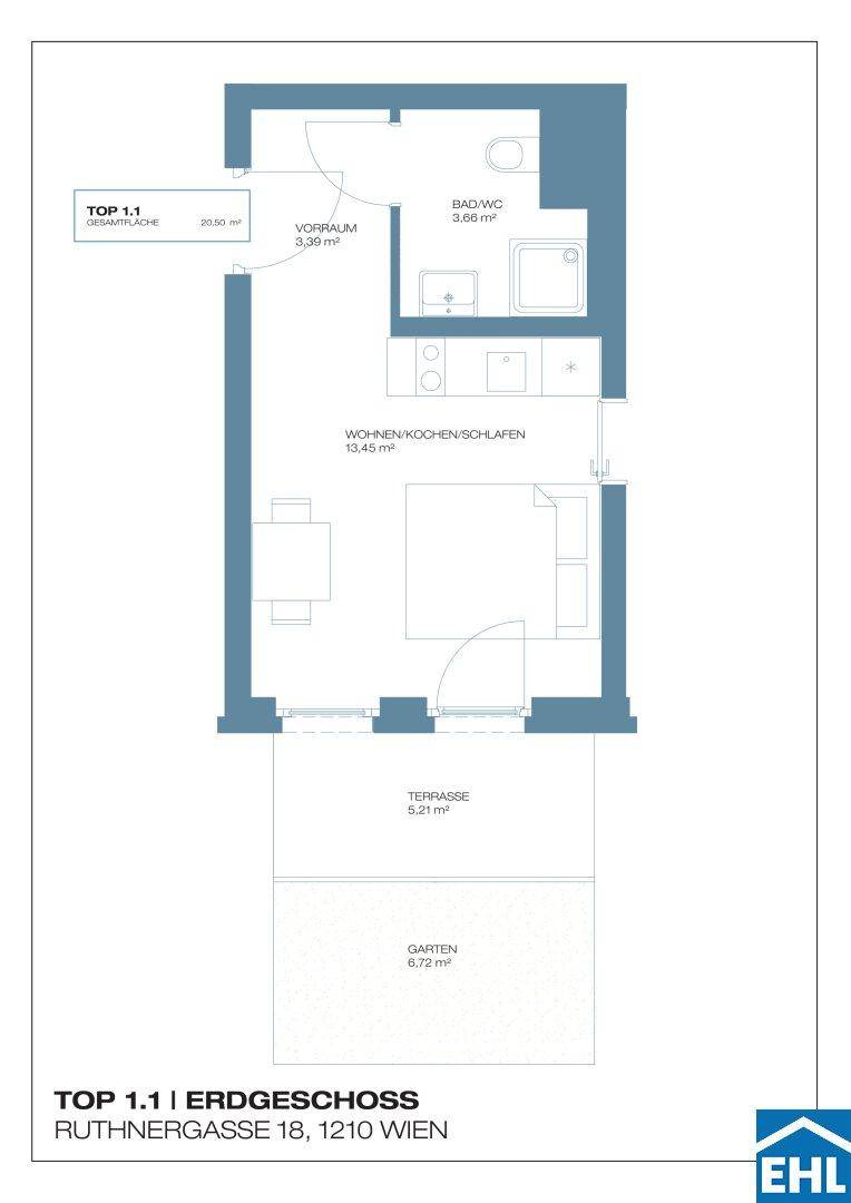 Grundriss für TOP 1.1 im Erdgeschoss mit offenem Wohnbereich, Terrasse und Garten.