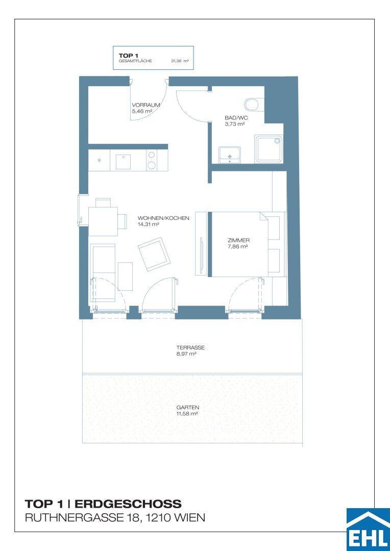 Grundriss für TOP 1 im Erdgeschoss mit separatem Zimmer, Terrasse und Garten.