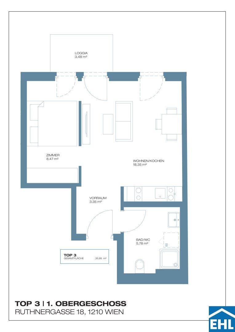 Grundriss einer Wohnung im ersten Obergeschoss mit Loggia und offenem Wohn-Kochbereich.