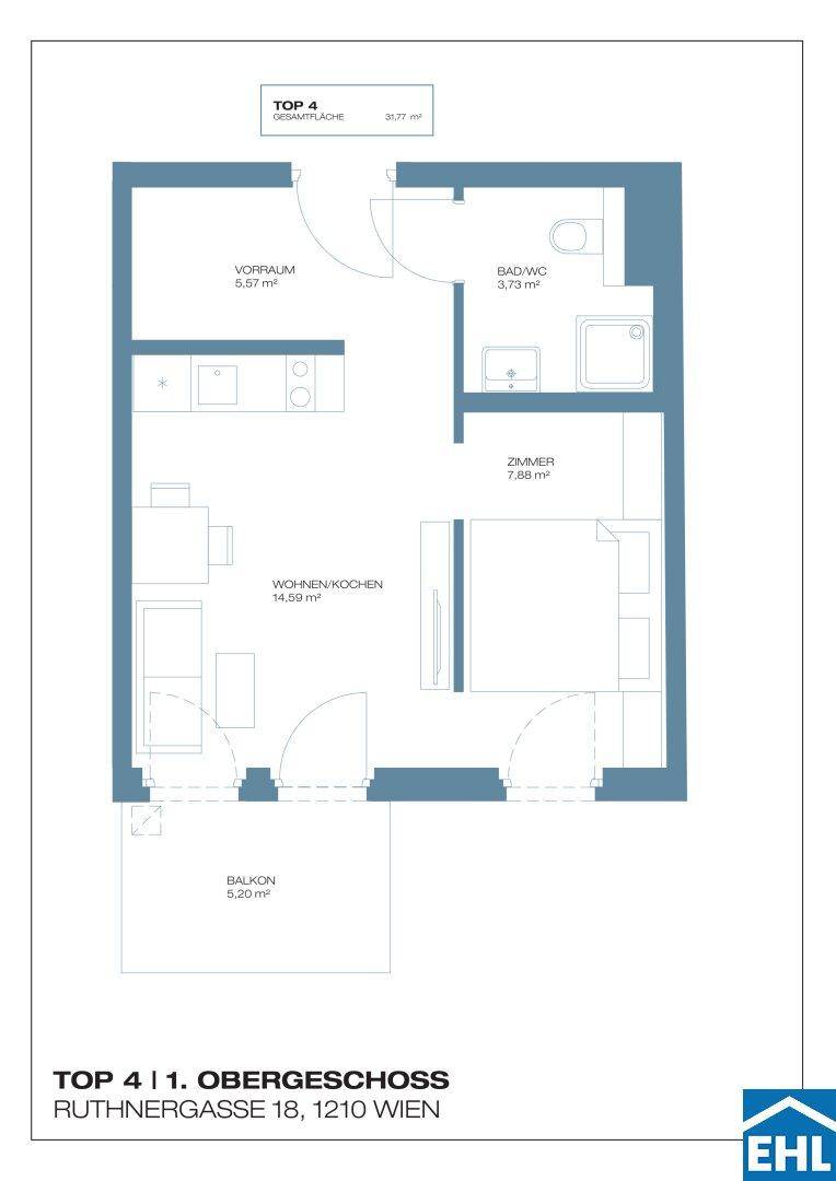 Grundriss der Wohnung TOP 4 mit offenem Wohn-Kochbereich, Schlafzimmer und Balkon.