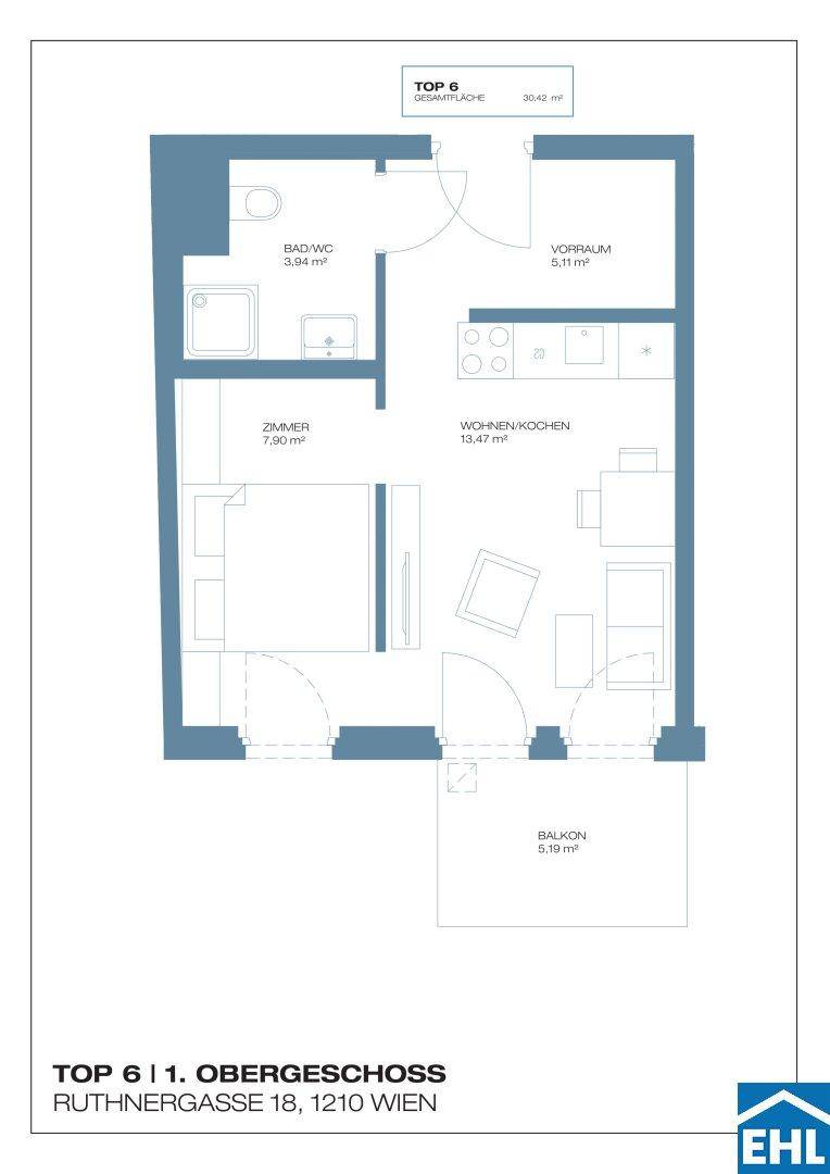 Grundriss der Wohnung TOP 6 im ersten Obergeschoss mit Balkon und offenem Wohnbereich.