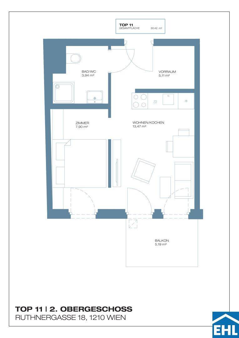 Grundriss einer kompakten Wohnung im zweiten Obergeschoss mit Balkon und offenem Wohnbereich.