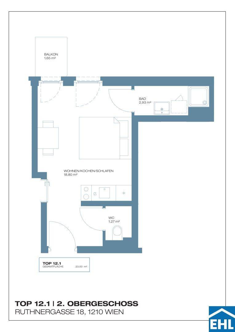 Grundriss für Top 12.1 im 2. Obergeschoss mit Wohn-/Koch-/Schlafbereich, Bad, WC und Balkon.