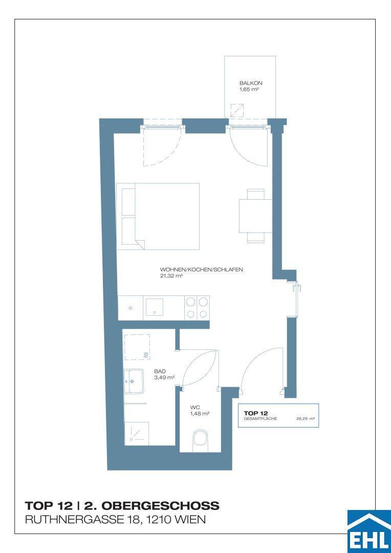 Grundriss für Top 12 im 2. Obergeschoss mit offenem Wohnbereich, Bad, separatem WC und Balkon.