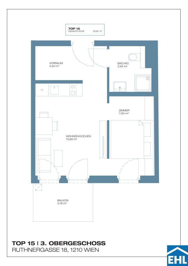 Grundriss einer Wohnung im 3. Obergeschoss mit Wohnküche, Schlafzimmer und Balkon.