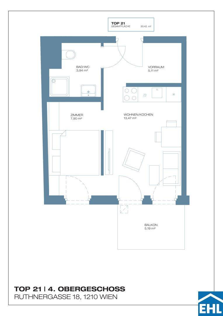 Grundriss einer kompakten Wohnung mit offenem Wohn-/Kochbereich, Schlafzimmer und Balkon.