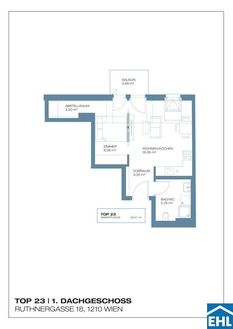 Grundriss einer Wohnung im Dachgeschoss mit Balkon, offenem Wohn-/Kochbereich und separatem Zimmer.