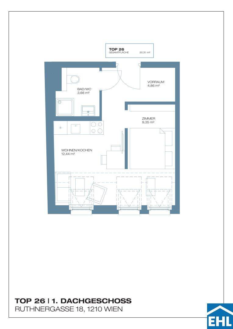 Grundriss der Wohnung TOP 26 im 1. Dachgeschoss mit Wohn-Kochbereich und Balkonzugang.